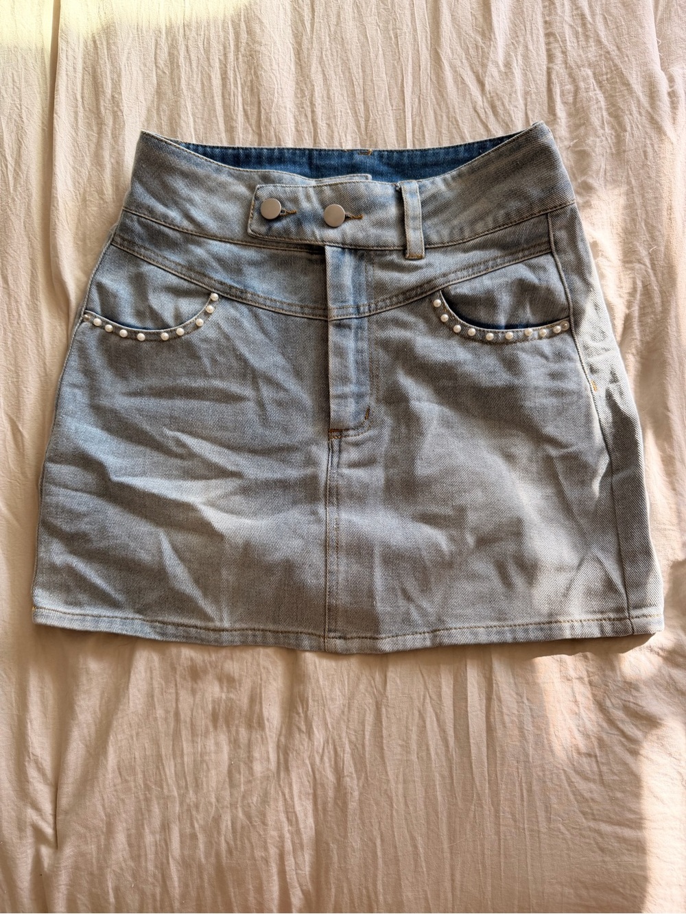 Pearl-Trim Light Blue Denim Mini Skirt